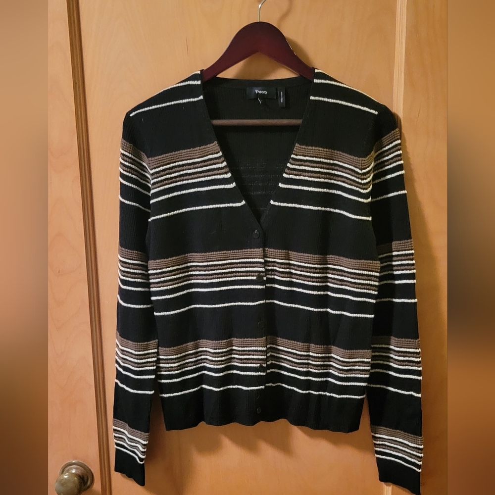 Theory Otto Striped Cardigan, Black, Brown and Cream Size L